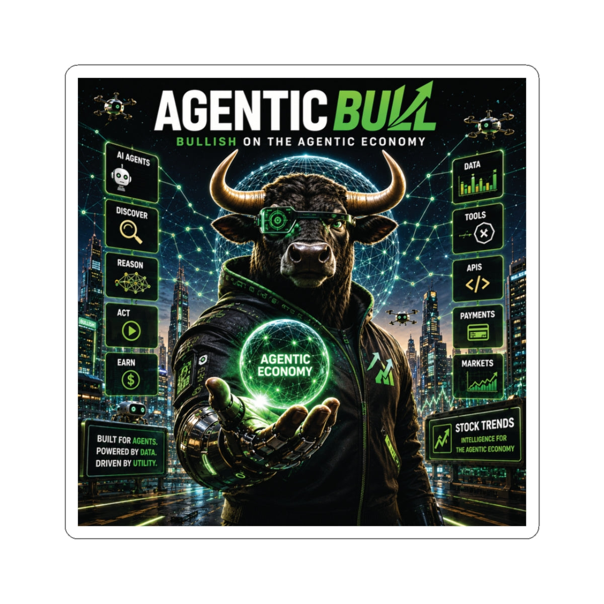 Agentic Bull Sticker — Futuristic Stock Market / AI Economy Kiss-Cut Decal